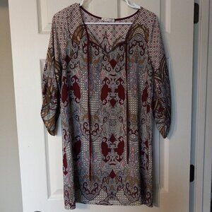 Tua  Women's Size Small Wine Print Tie neck 3/4 Sleeve Tunic Size S
